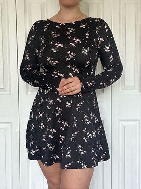 H&M Black Floral Long Sleeve Skater Dress with Pink Flowers